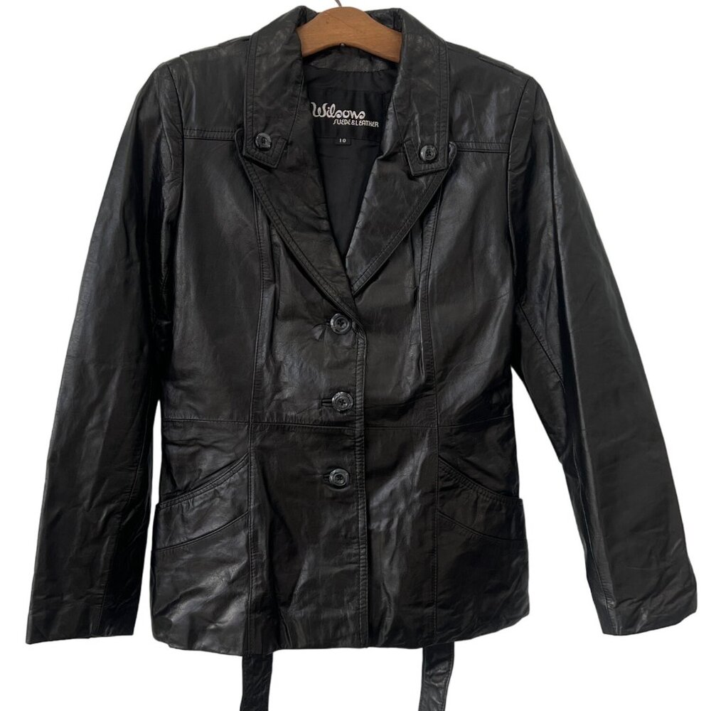 Vintage 90s Wilsons Coat Black Size 10 Button Suede and Leather Trench Belted